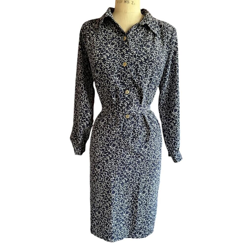 Vintage Dress Womens Size 10 Petite Navy White Floral Office Retro Modest Church